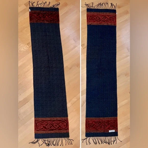 🐑 🇮🇪Unisex Charcoal/Red/Orange Woven Scarf Wool Blend Fringed Scarf 15”W x 63”L - Picture 7 of 17